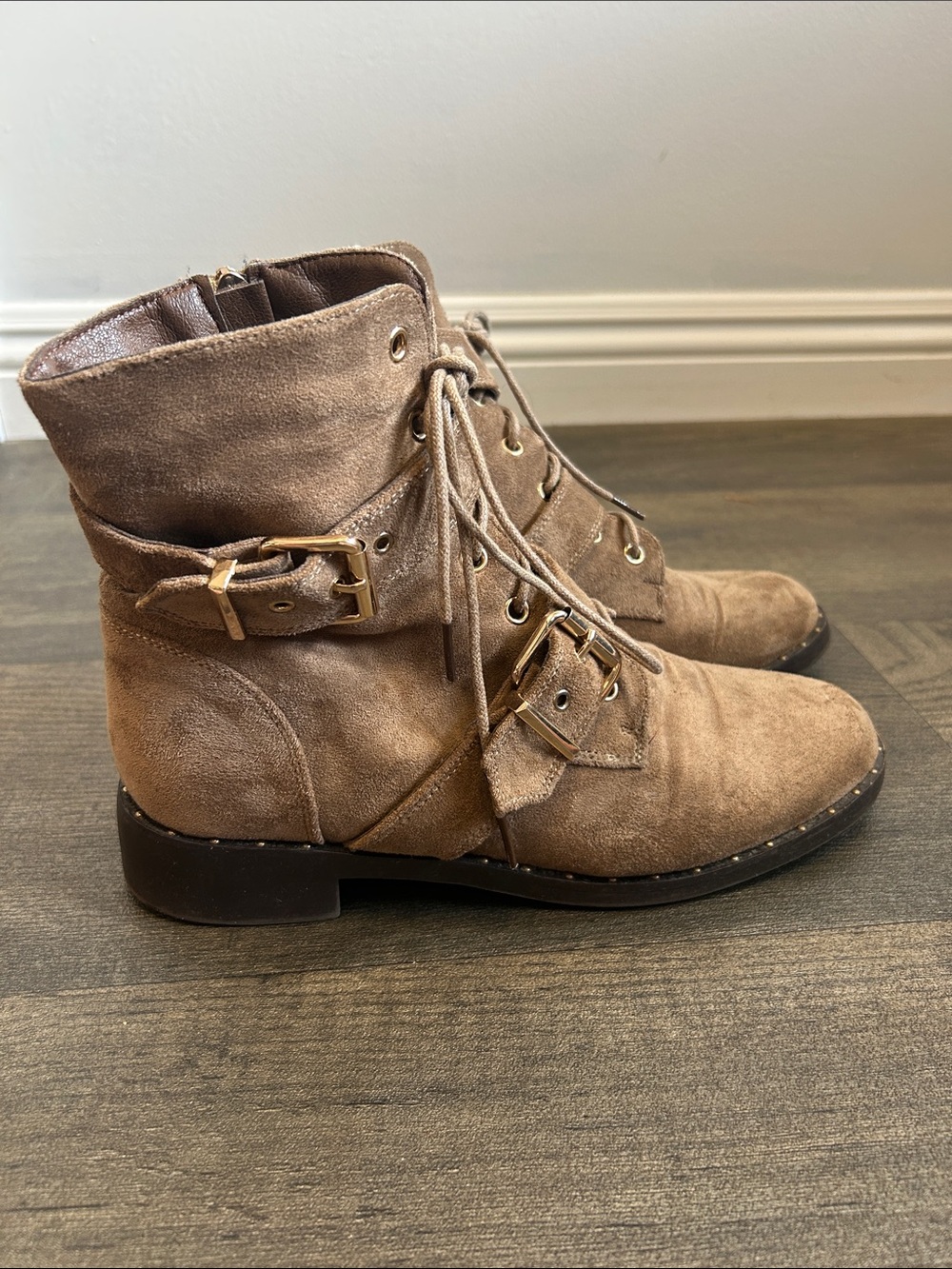 Women's Taupe Faux Suede Lace-Up Buckle Ankle Boots